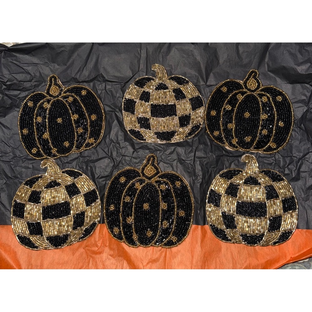 Set of 6 Beaded Pumpkin Coasters Black Gold Checkered Polka Dot Fall Decor